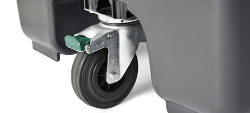 Conteneur roulant 3 roues, zoom sur la troisième roue pivotante équipé d’un frein. Poubelle extrêmement maniable